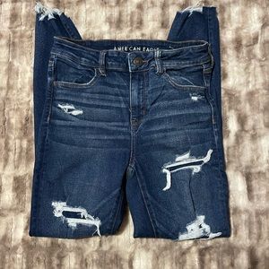 American eagle jeans; distressed; dark wash; size 10